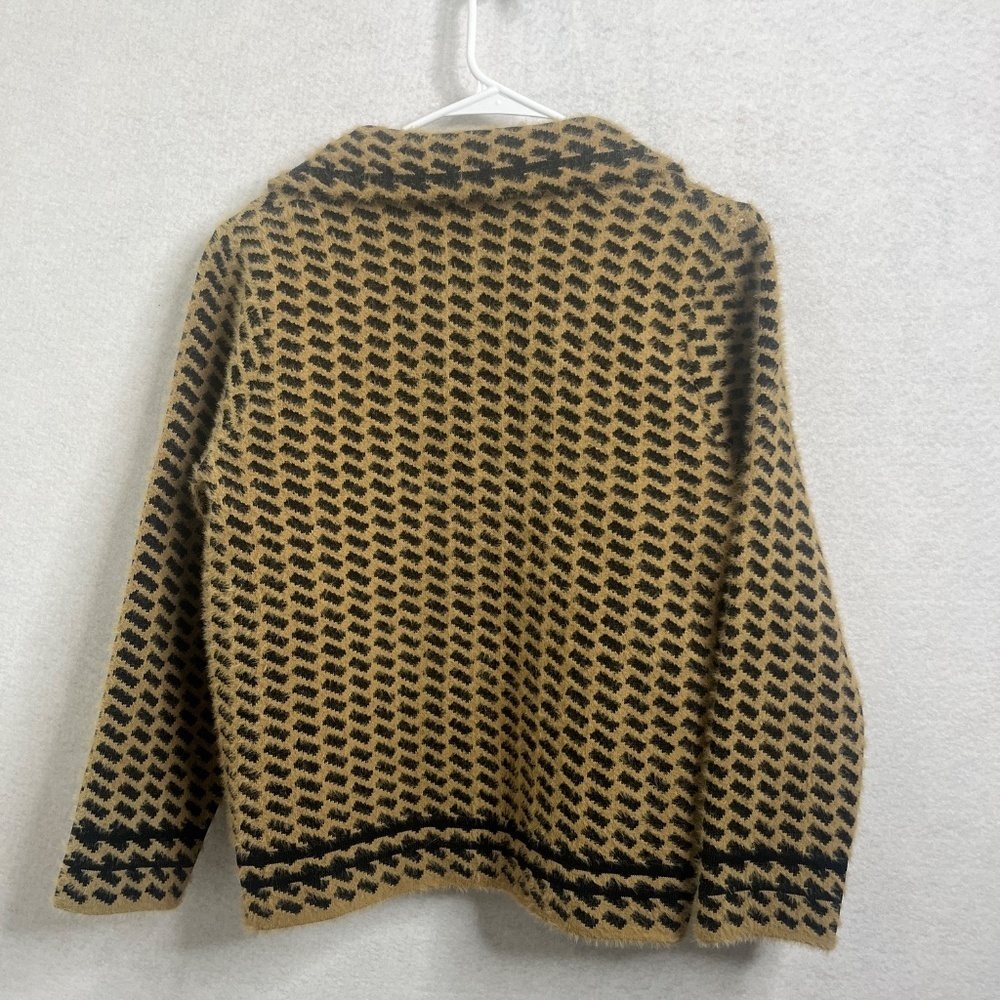 Fuzzy Knit Jacket Cardigan Tan Black Pattern Cropped Button Up Cozy Sweater - Picture 2 of 5